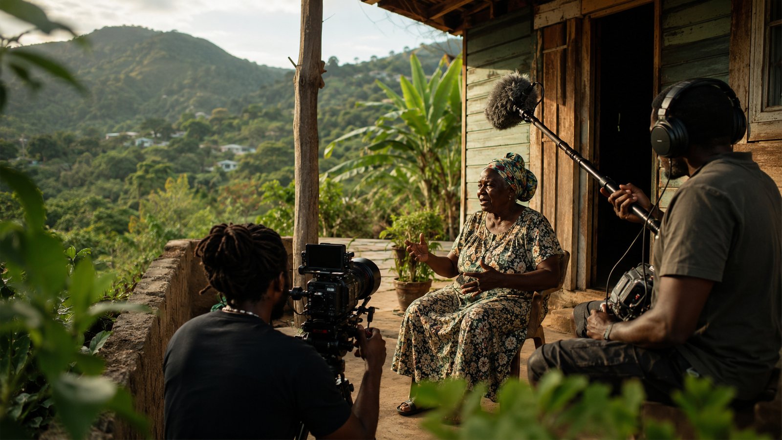 Crew filming an interview with an elder herbalist on a mountain veranda in Jamaica