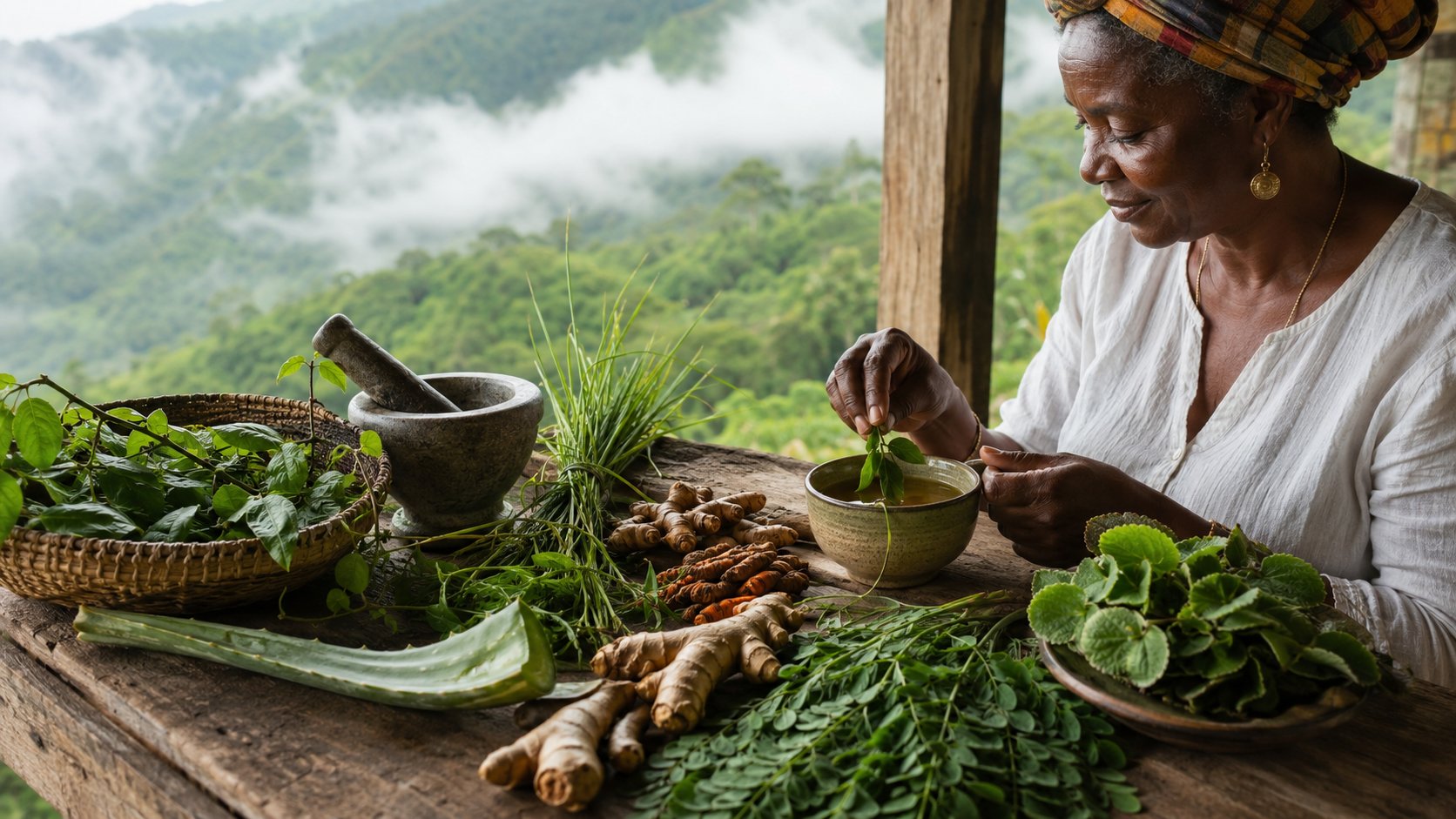 Elder herbalist preparing a traditional Jamaican herbal infusion from freshly gathered plants