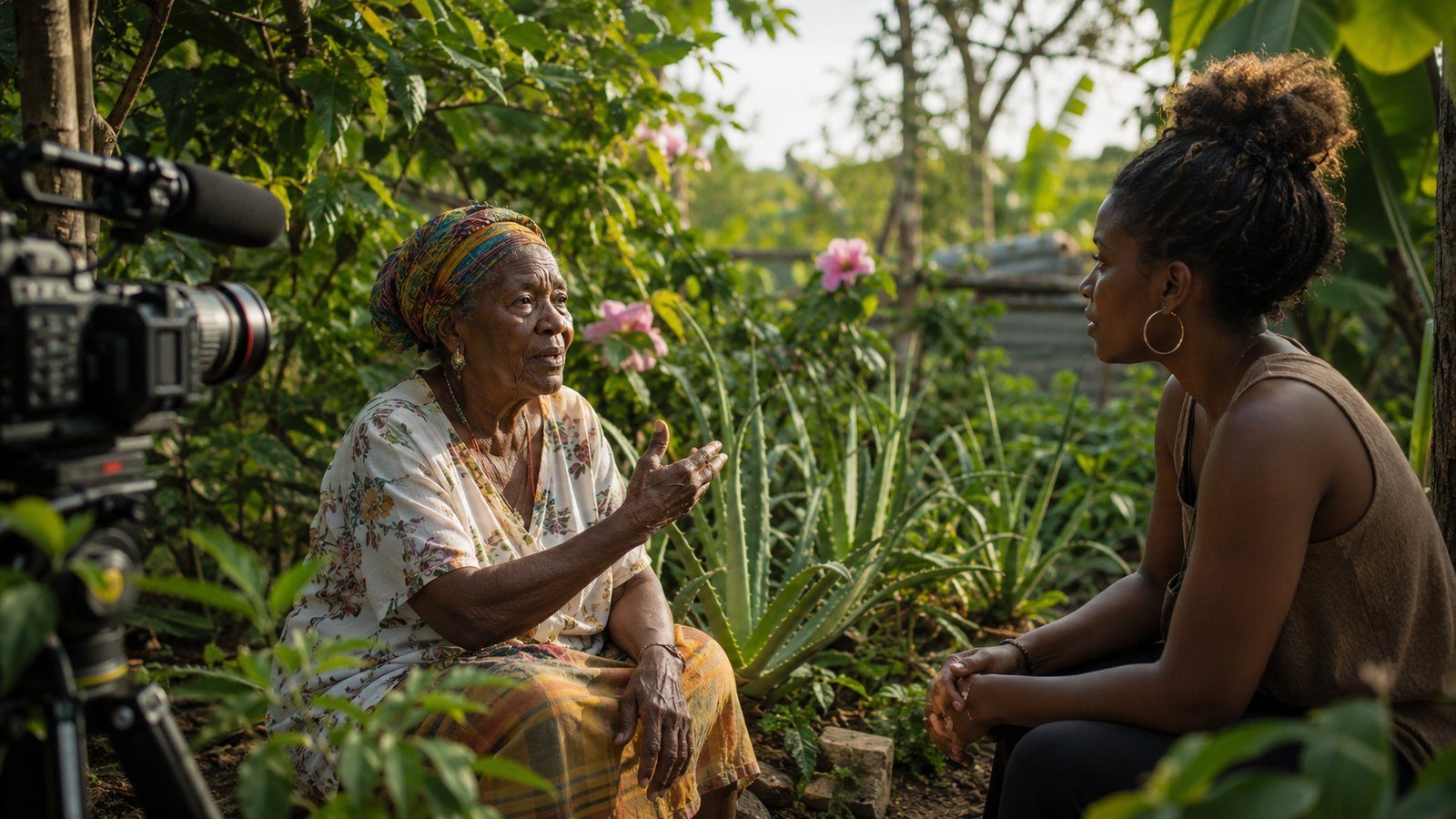 An elder herbalist shares her story with the Jamaica's Healing Roots crew, surrounded by aloe vera and hibiscus
